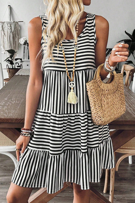 Black Stripe U Neck Sleeveless Loose Fit Mini Dress-Bella Boutique Collective