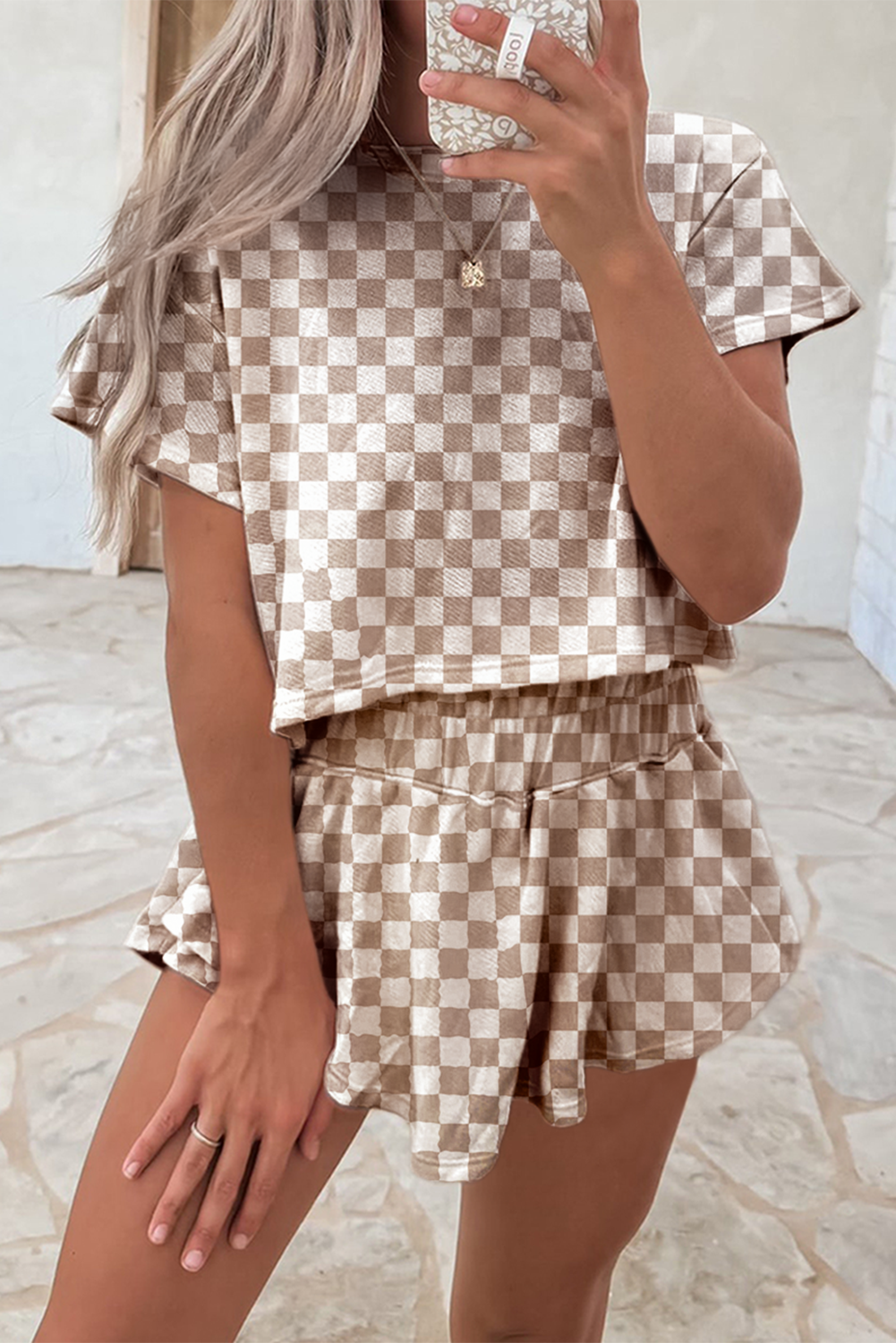 Brown Checkerboard T Shirt and High Waist Skorts 2 Piece Outfit-Bella Boutique Collective