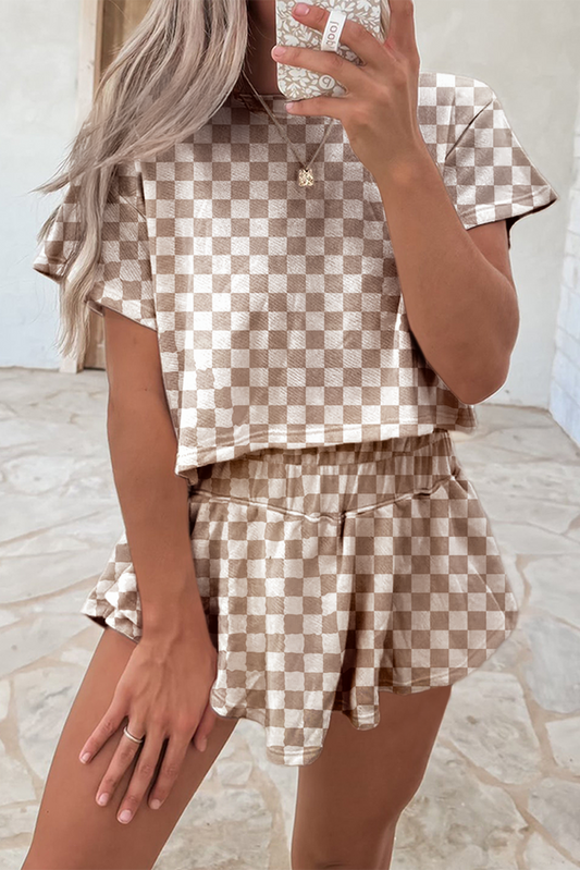 Brown Checkerboard T Shirt and High Waist Skorts 2 Piece Outfit-Bella Boutique Collective