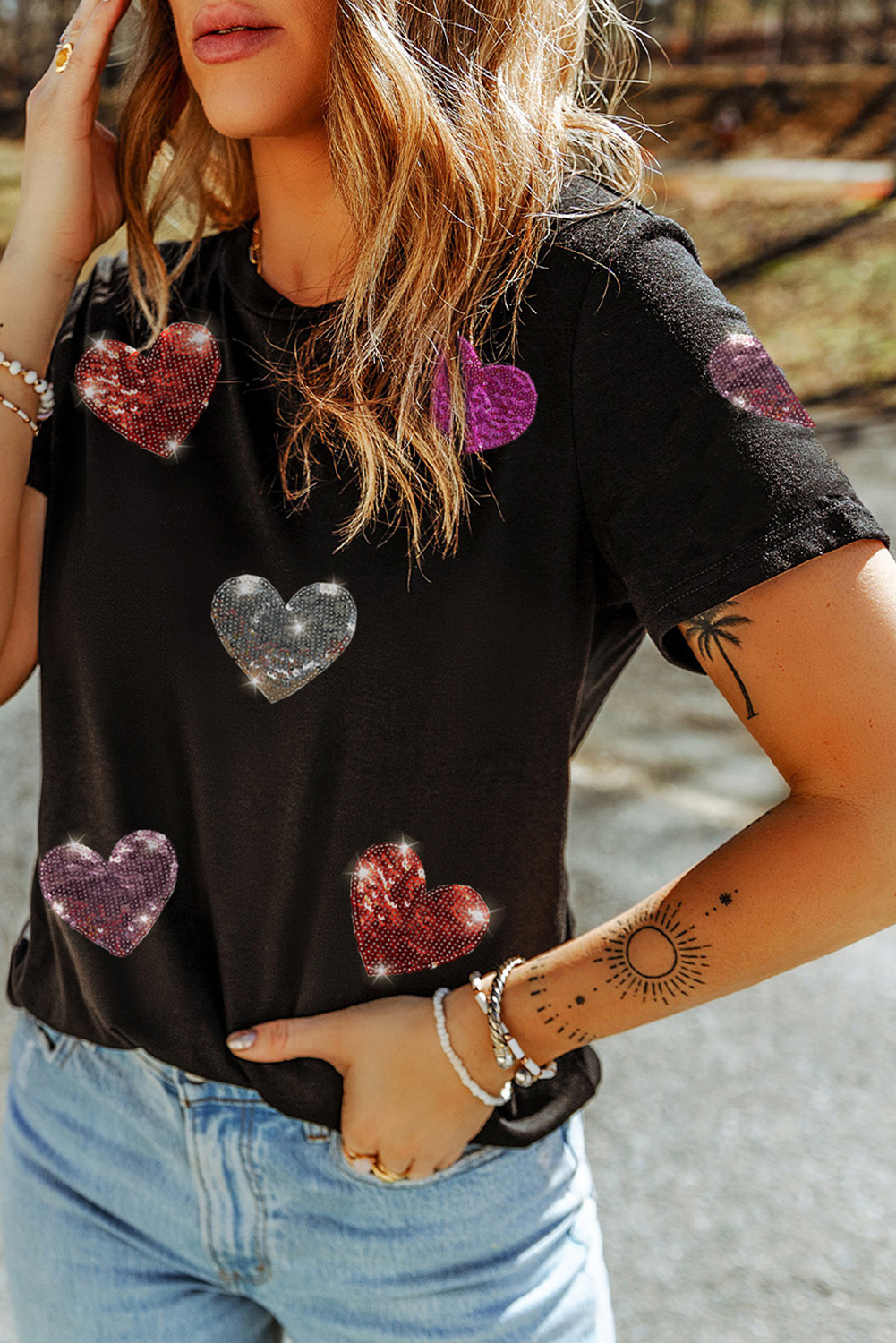 Black Sequin Heart Patched Pattern Crewneck Valentines Tee-Bella Boutique Collective