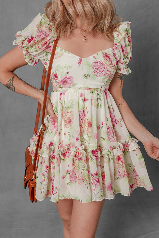 White Vibrant Floral Bubble Sleeve Sweetheart Neck Ruffle Mini Dress-Bella Boutique Collective