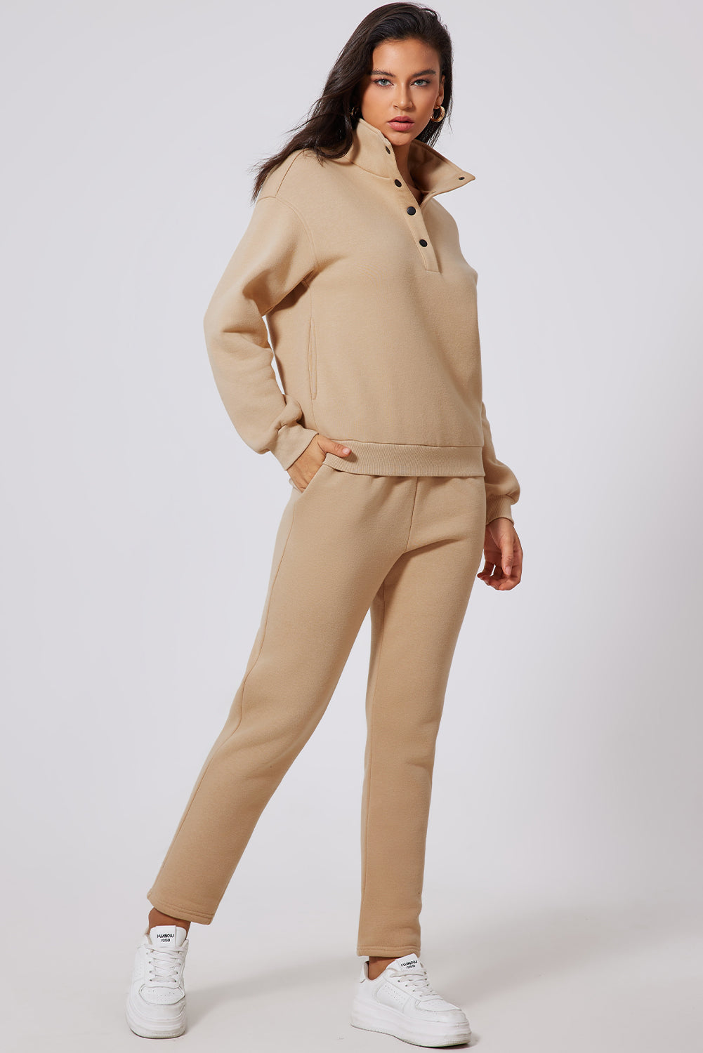 Parchment Solid Half Button Sweatshirt and High Waist Sweatpants Set-Bella Boutique Collective