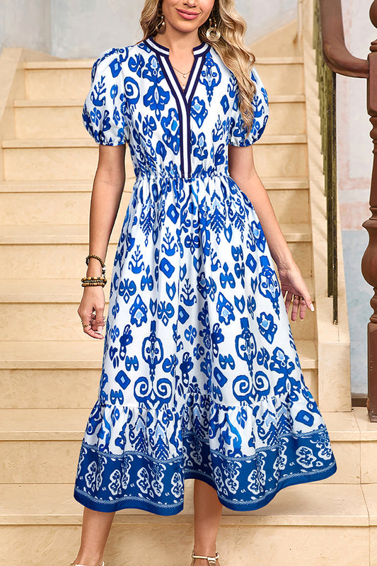 Blue Floral Puff Short Sleeve V Neck High Waist Maxi Dress-Bella Boutique Collective