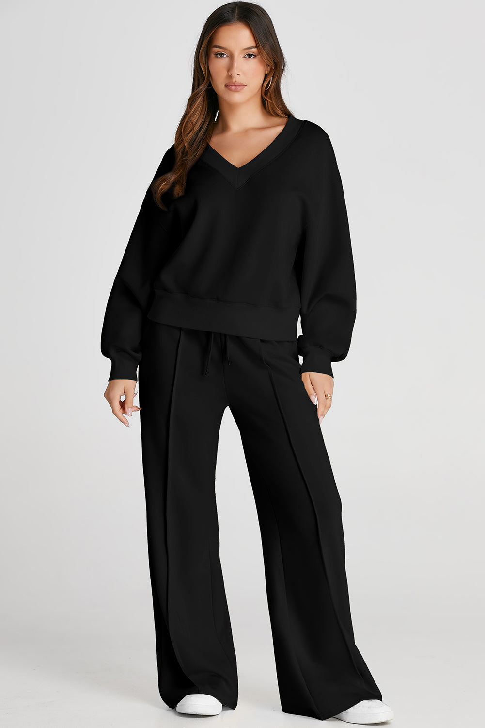 Black V Neck Cropped Seamed High Waist Sports Wear-Bella Boutique Collective
