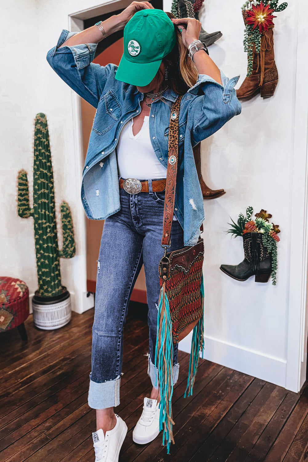 Real Teal Folded Cuffs Distressed Straight High Waist Jeans-Bella Boutique Collective