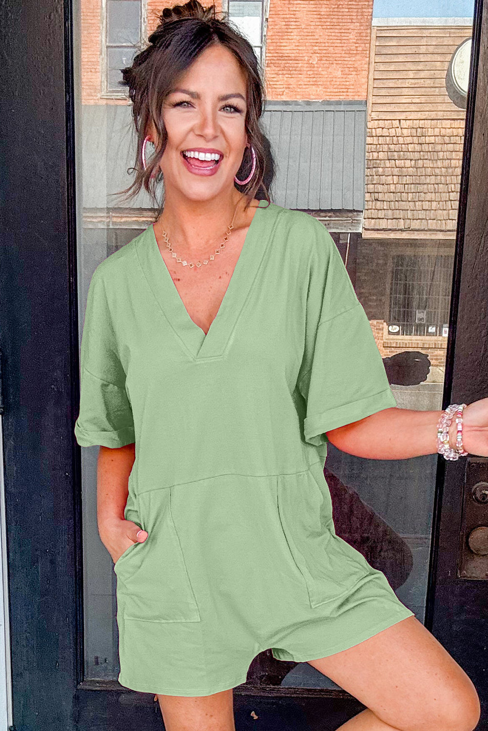 Grass Green Loose Half Sleeve V Neck Knit Romper-Bella Boutique Collective