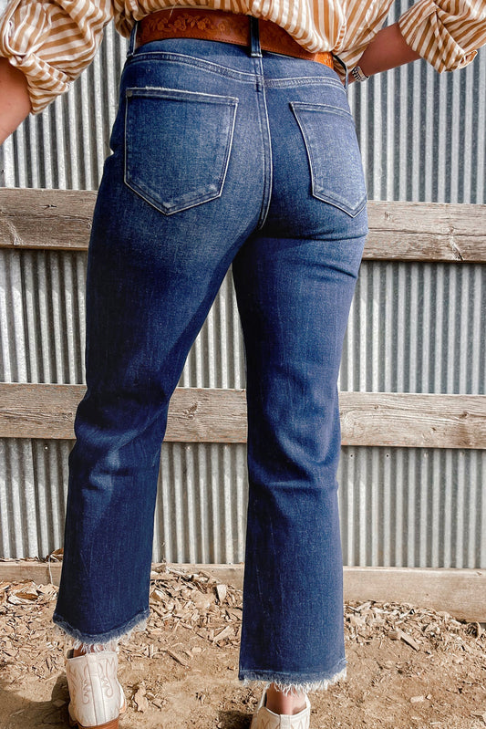 Sail Blue Mineral Wash Raw Hem High Waist Flared Jeans-Bella Boutique Collective