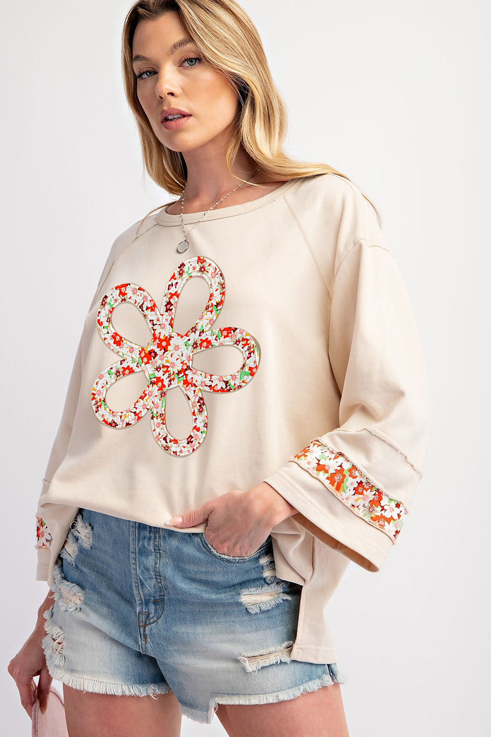 Beige Flower Patch Graphic Exposed Seam Wide Sleeve Top-Bella Boutique Collective