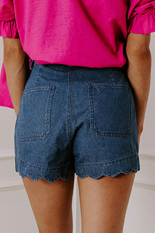 Sail Blue Scalloped Hemline Acid Wash High Waist Denim Shorts-Bella Boutique Collective