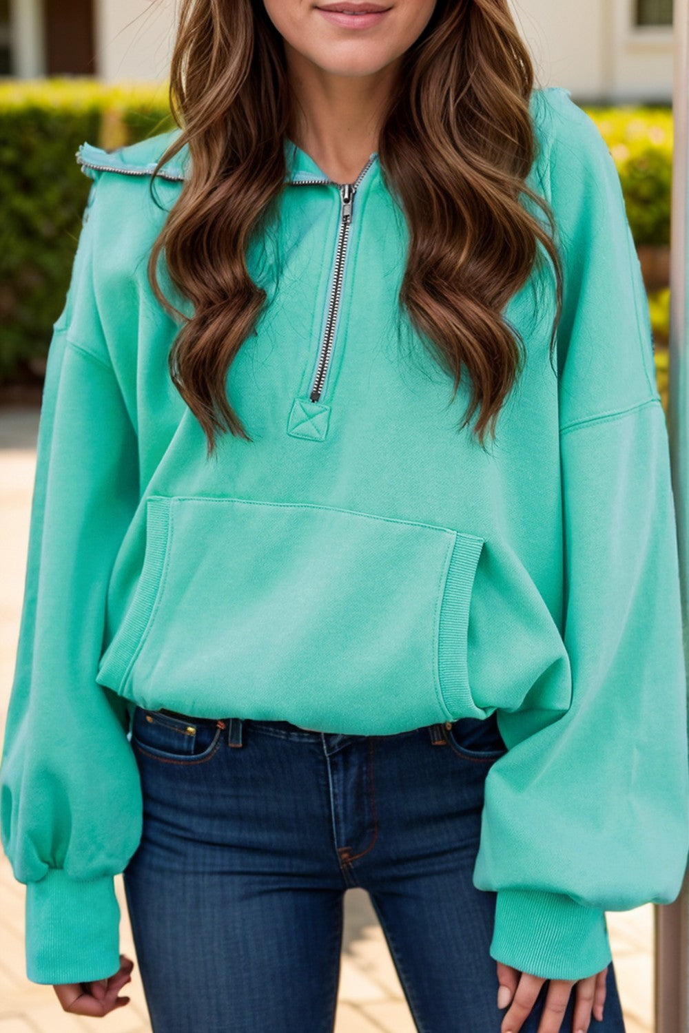 Pocketed Half Zip Long Sleeve Hoodie-Bella Boutique Collective