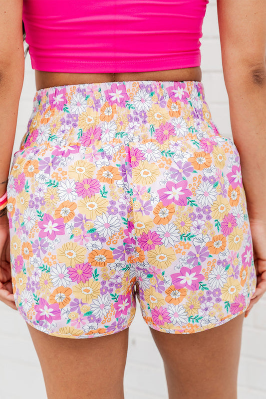 Pink Boho Floral Shirred High Waist Casual Shorts-Bella Boutique Collective