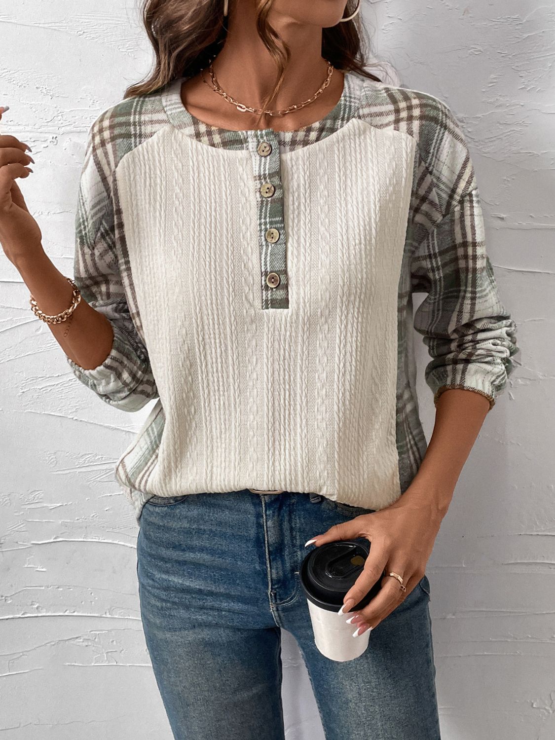 Perfee Plaid Half Button Long Sleeve T-Shirt-Bella Boutique Collective