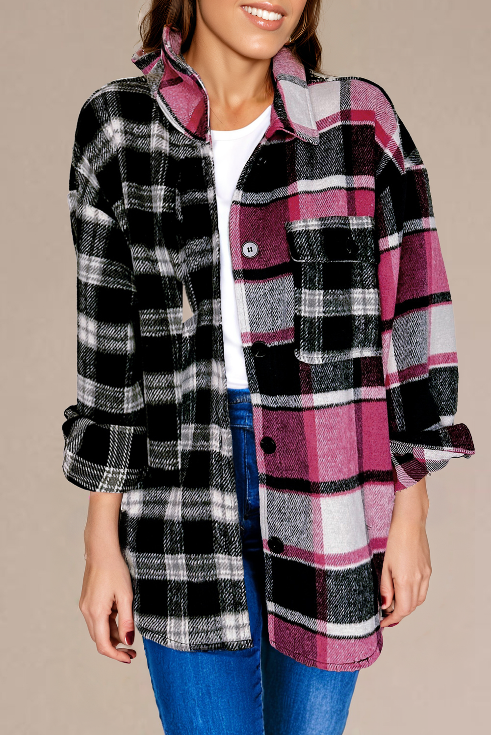 Black Plaid Colorblock Loose Shacket-Bella Boutique Collective