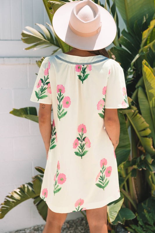 Apricot Floral Short Sleeve Split Neck Loose Mini Dress-Bella Boutique Collective