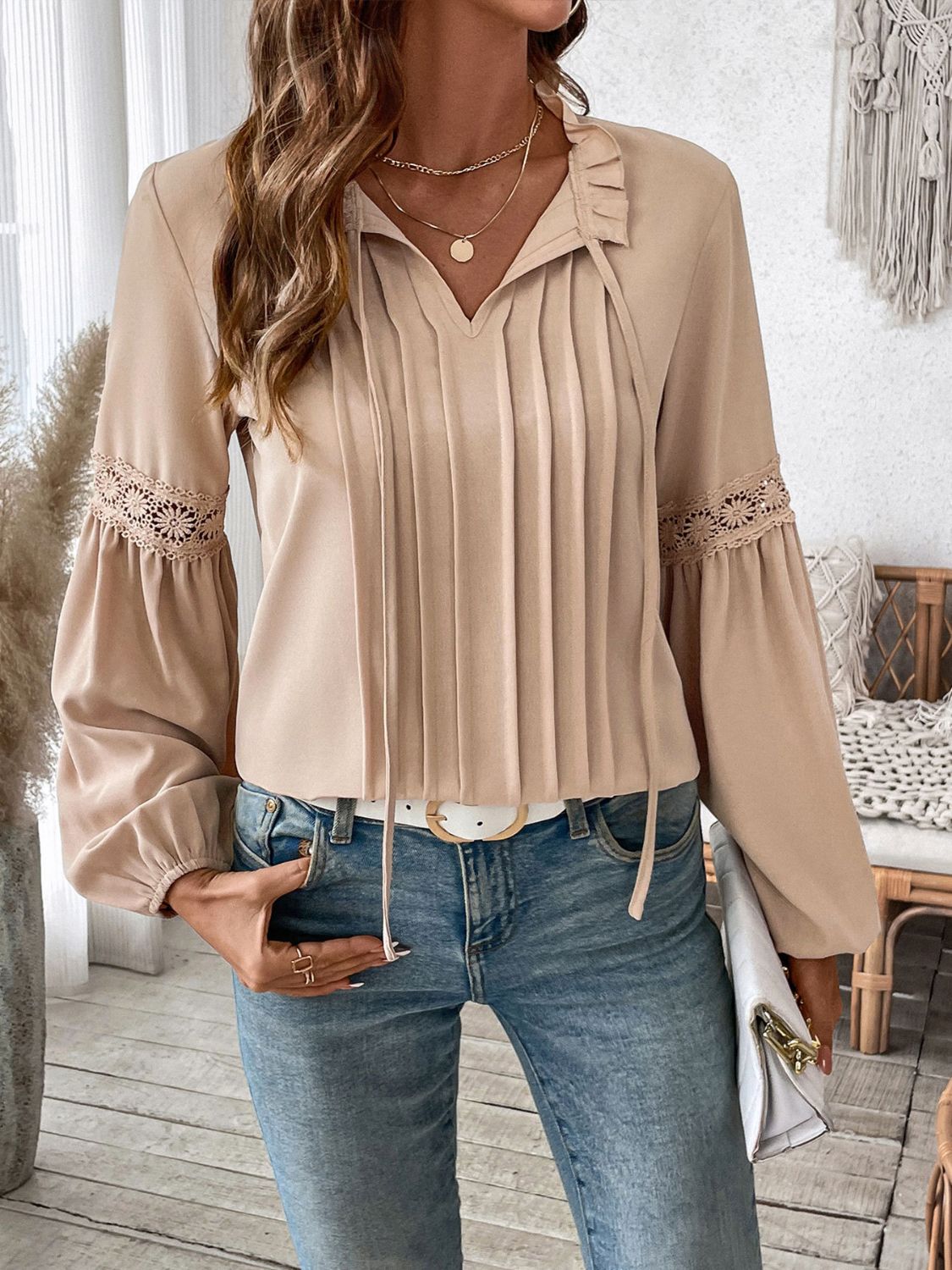 Perfee Frill Tie Neck Long Sleeve Blouse-Bella Boutique Collective