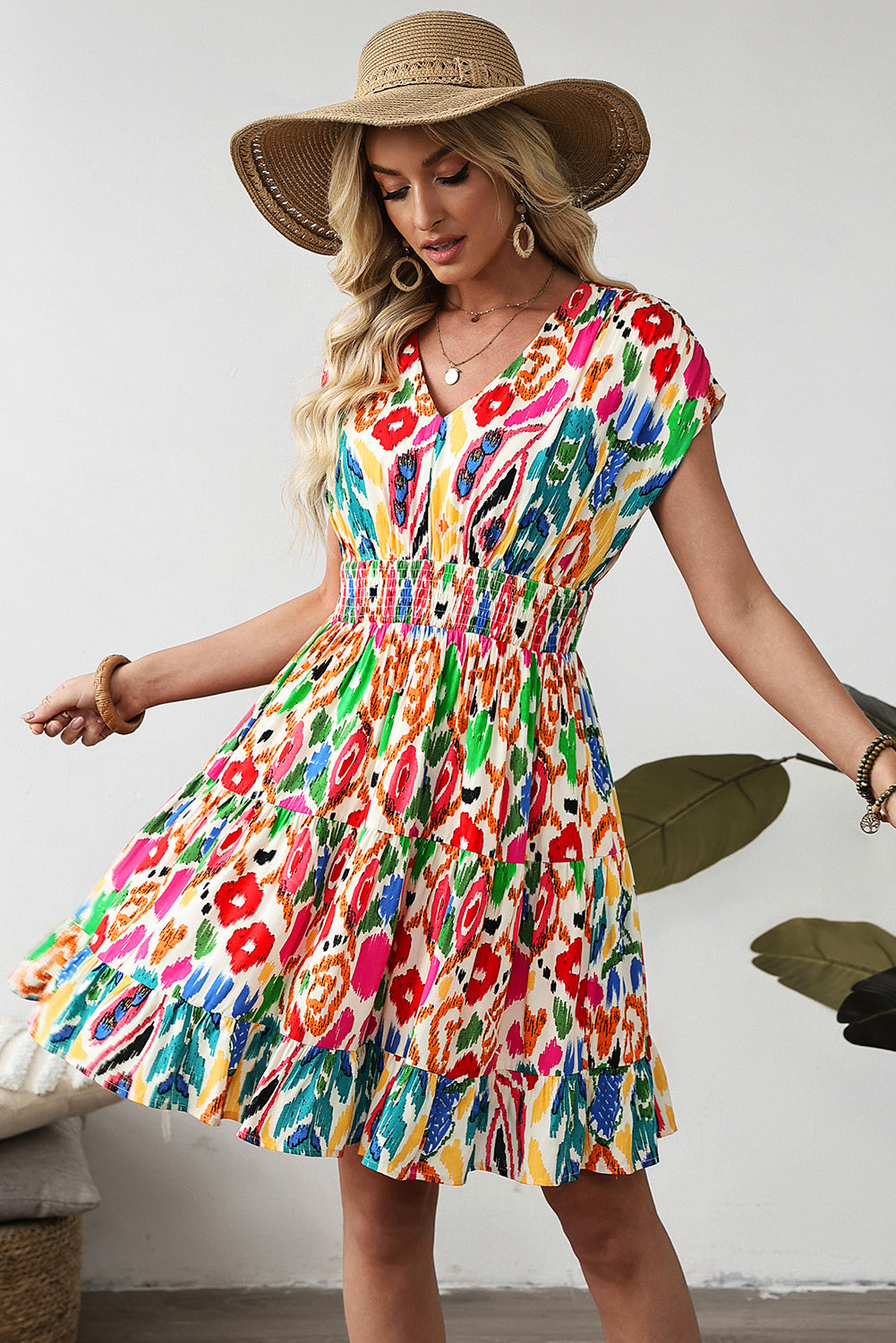 Sky Blue Abstract Print V Neck Dolman Sleeve Ruffle Tiered Mini Dress-Bella Boutique Collective