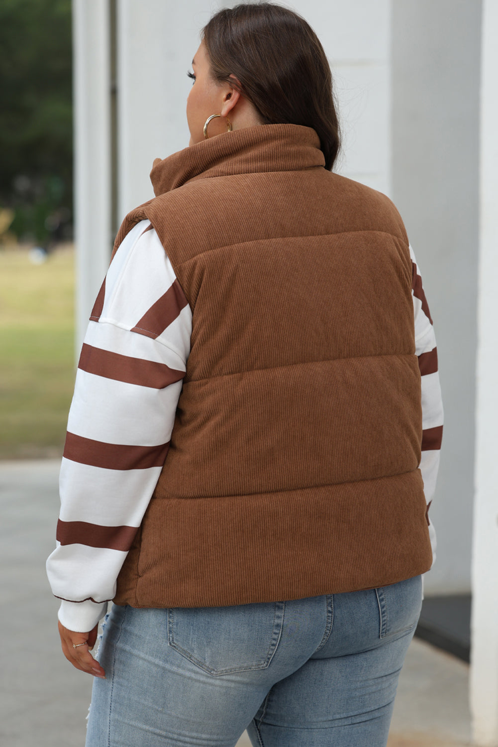 Coffee Corduroy Stand Neck Zipped Puffer Vest-Bella Boutique Collective