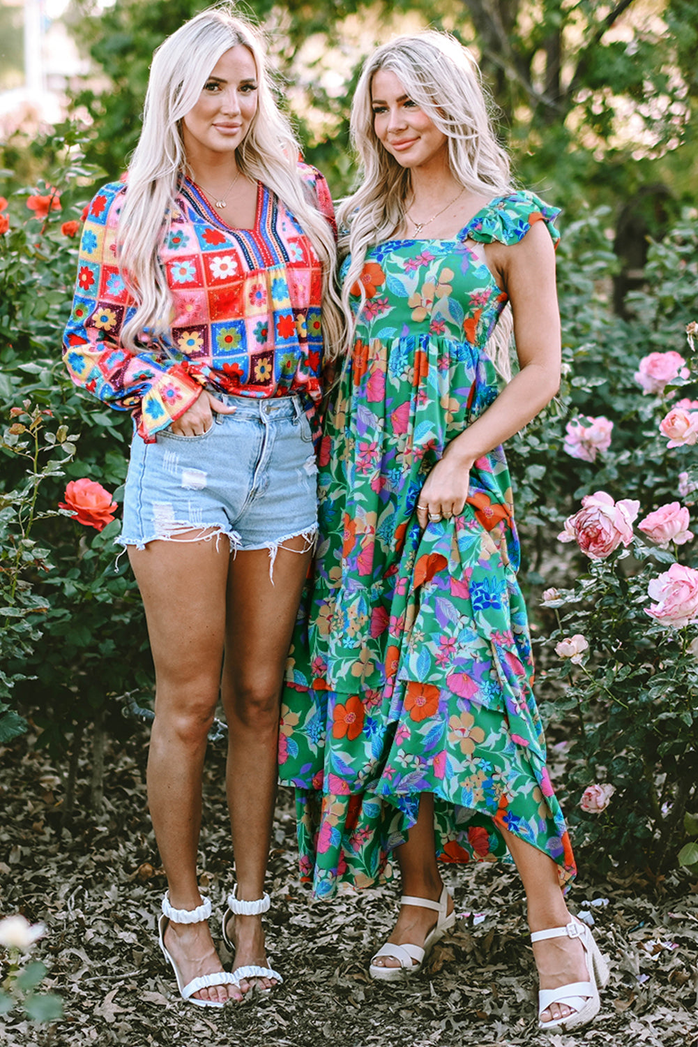 Green Floral Print Sleeveless Ruffle Tiered Maxi Dress-Bella Boutique Collective