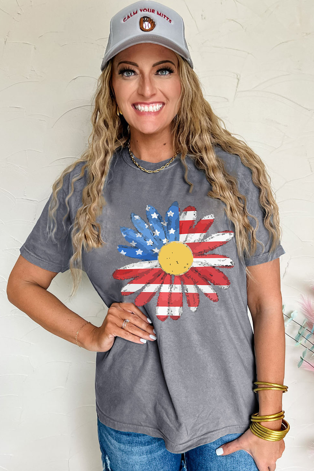 Gray Flag Pattern Sunflower Graphic Crew Neck Tee-Bella Boutique Collective