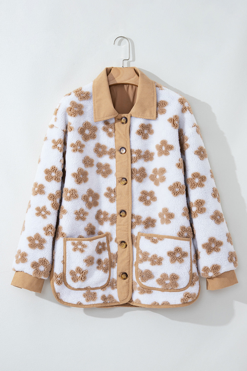 Light French Beige Cute Flower Pattern Button Up Fleece Jacket-Bella Boutique Collective
