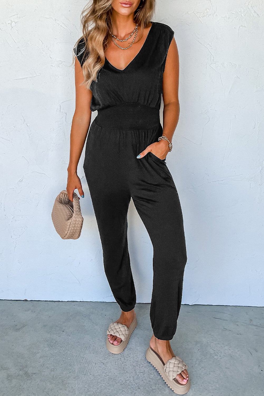 Black Shirred High Waist Sleeveless V Neck Jumpsuit-Bella Boutique Collective