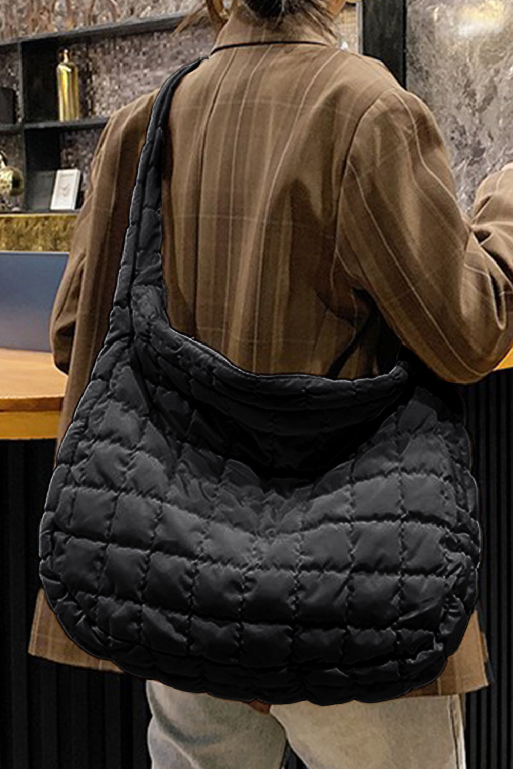 Black Quilted Zipper Large Shoulder Bag-Bella Boutique Collective