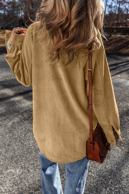 Light French Beige Patched Pocket Button Up Corduroy Shacket-Bella Boutique Collective