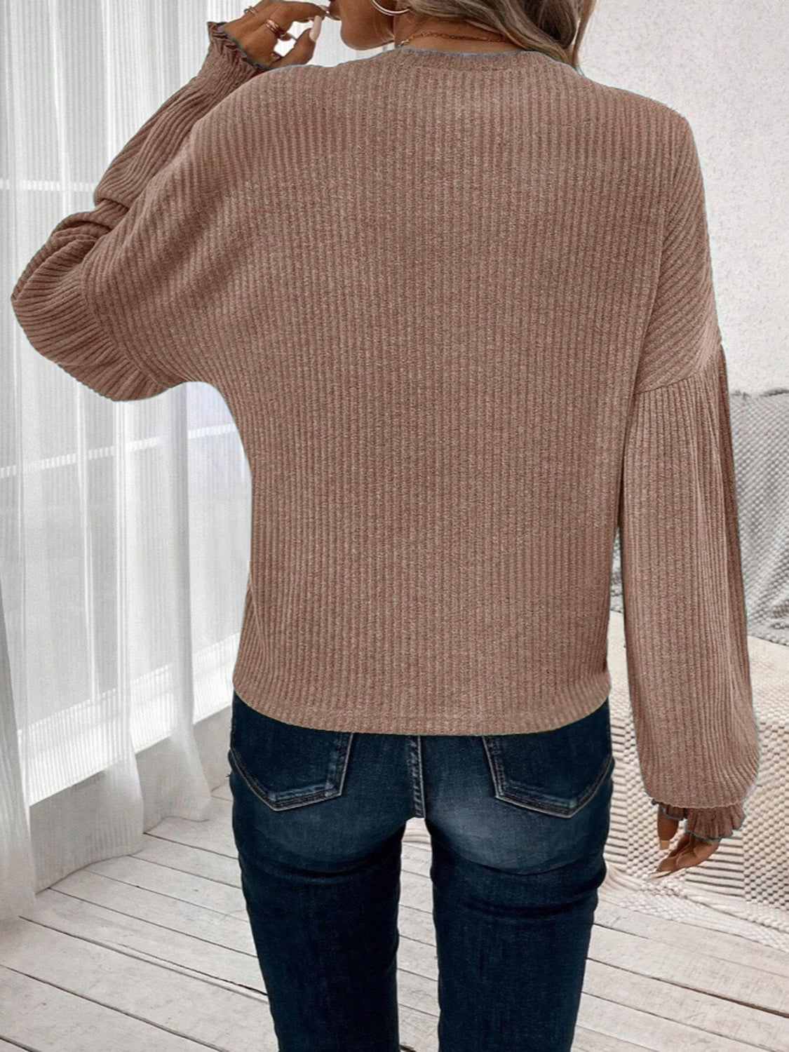 Ribbed Round Neck Lantern Sleeve T-Shirt-Bella Boutique Collective