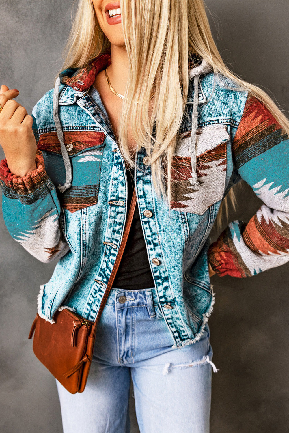 Multicolor Aztec Print Frayed Hem Denim Jacket-Bella Boutique Collective