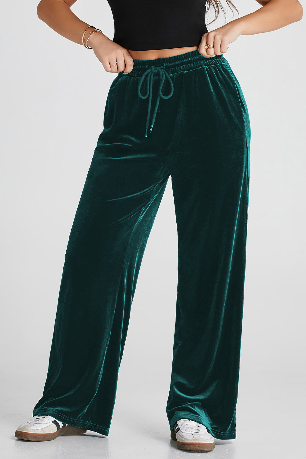 Evergreen Solid Drawstring Waist Wide Leg Pants-Bella Boutique Collective