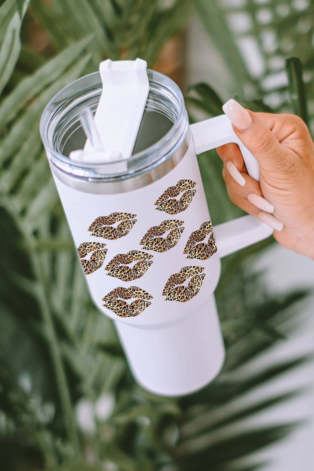 White Valentine Leopard Lips Print Thermos Cup with Straw 40oz-Bella Boutique Collective