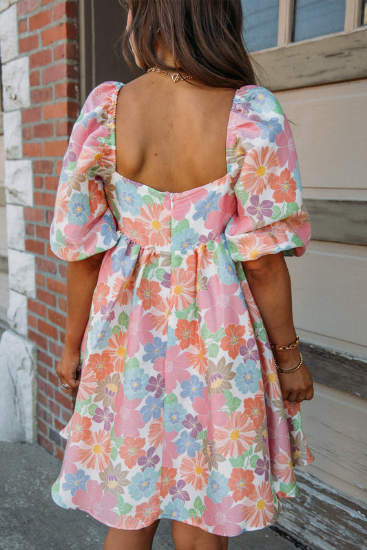 Pink Summer Floral Square Neck Puff Sleeve Babydoll Dress-Bella Boutique Collective