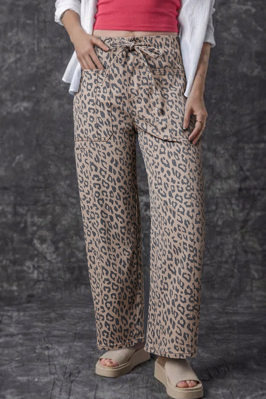 Khaki Leopard Printed Drawstring Waist Pocketed Wide Leg Jeans-Bella Boutique Collective