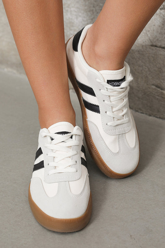 White Striped Lace-up Flat Sneakers-Bella Boutique Collective