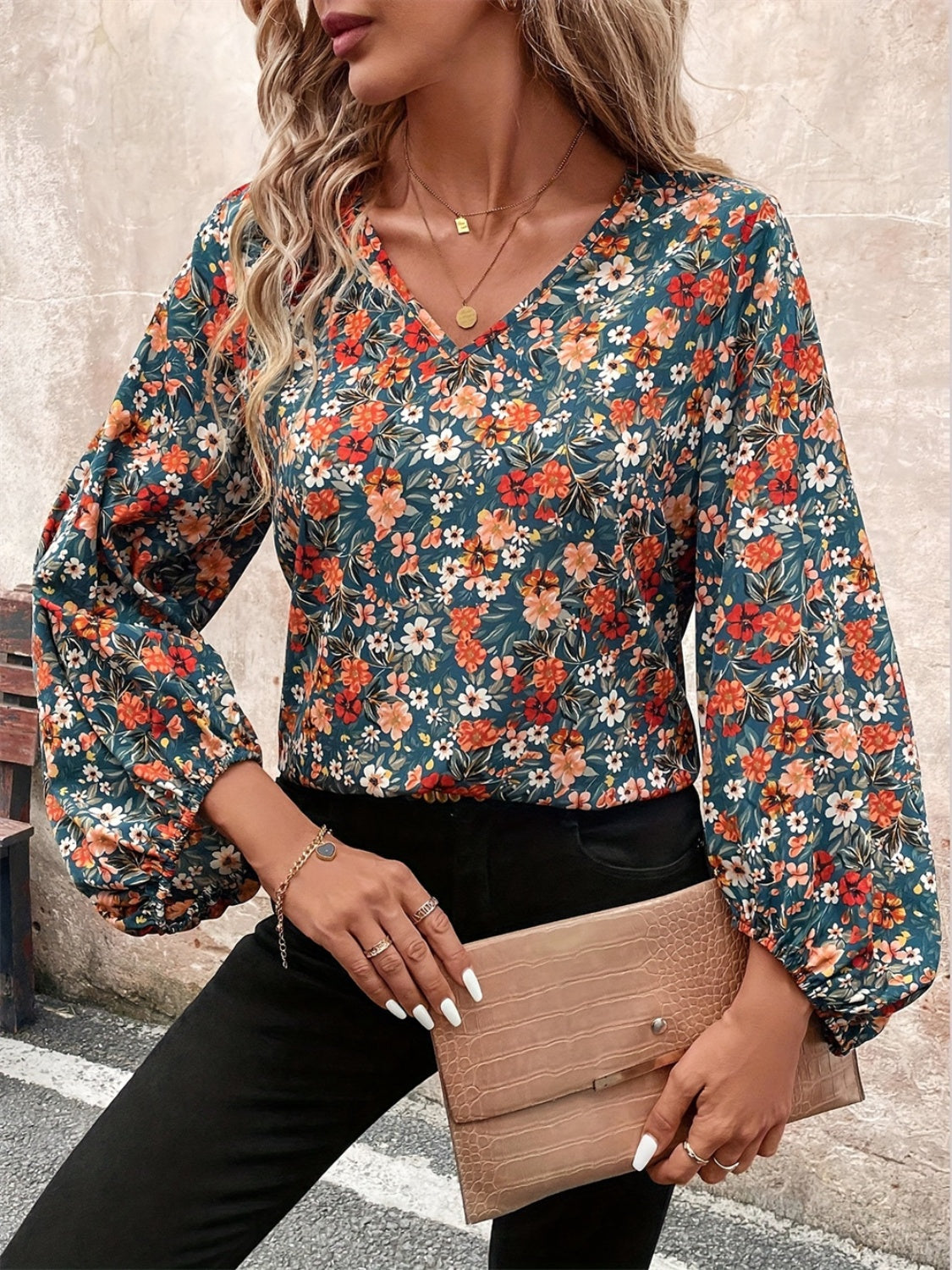 Printed V-Neck Balloon Sleeve Blouse-Bella Boutique Collective