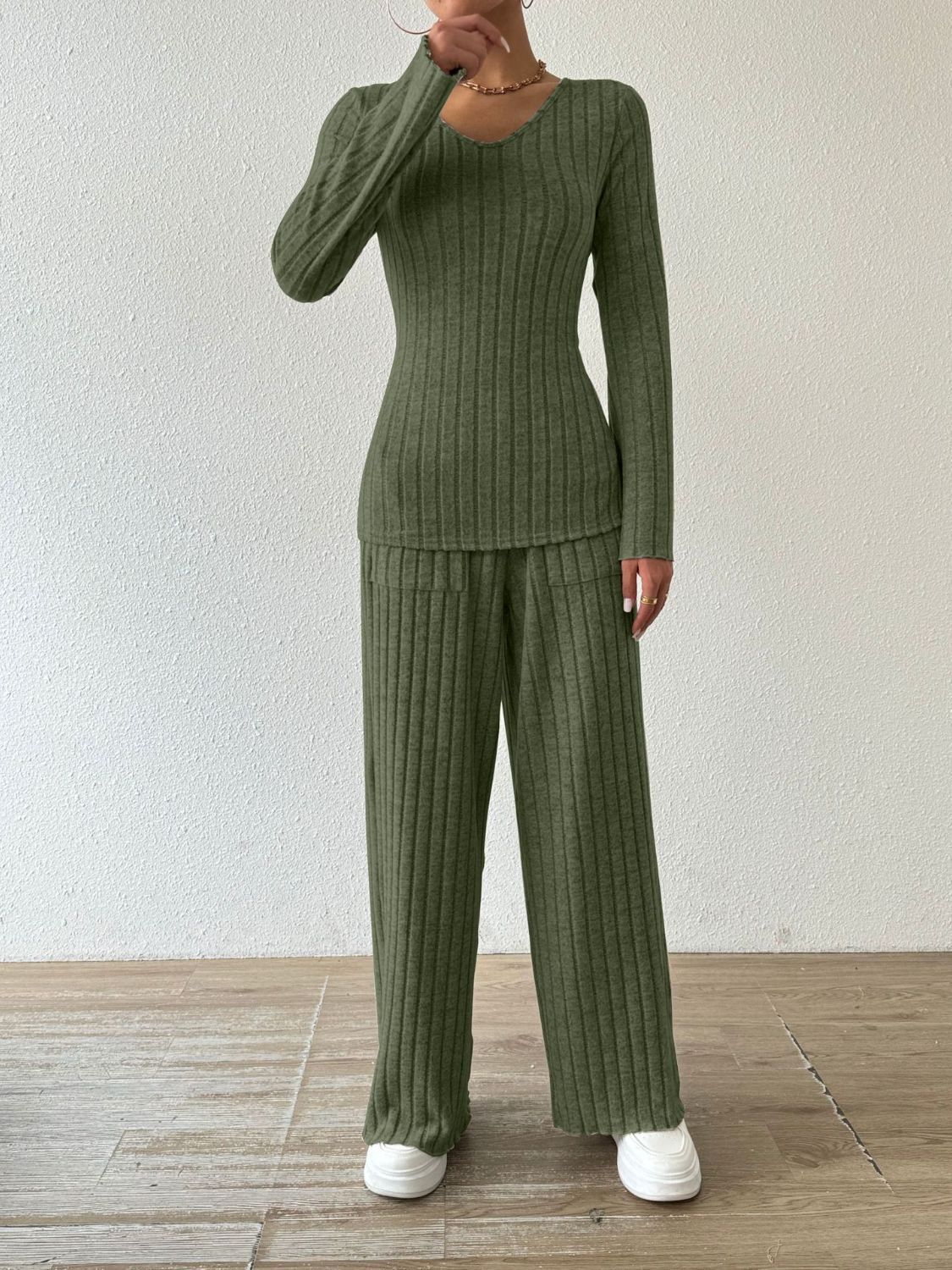 Ribbed V-Neck Long Sleeve Top and Pocketed Pants Set-Bella Boutique Collective