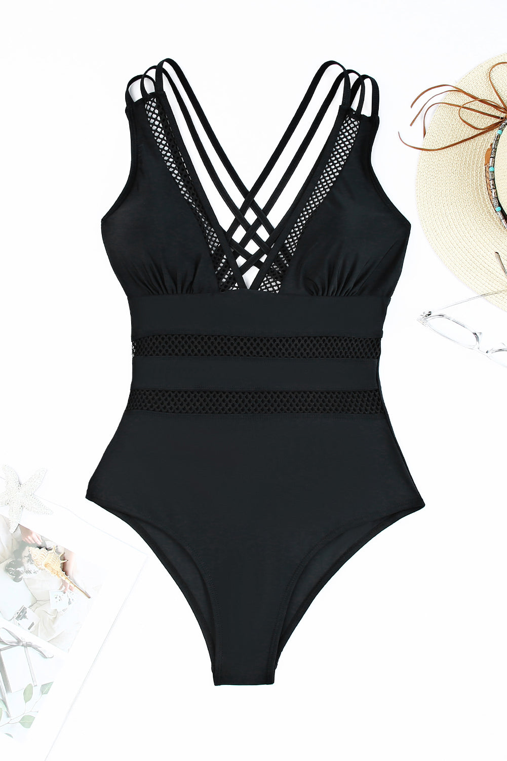 Black Solid Mesh One Piece Swimsuit-Bella Boutique Collective