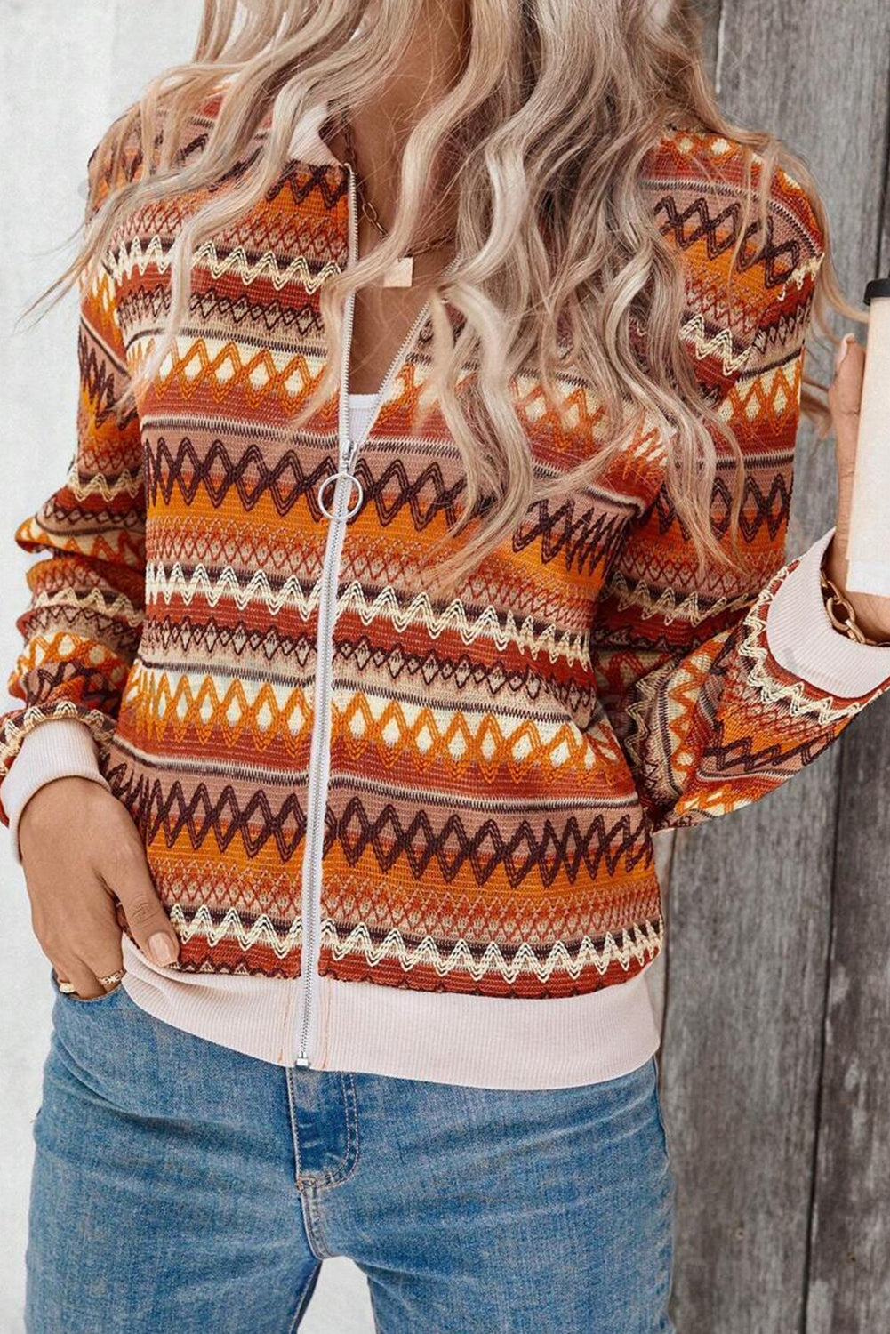 Orange Boho Striped Zip Up Long Sleeve Jacket-Bella Boutique Collective
