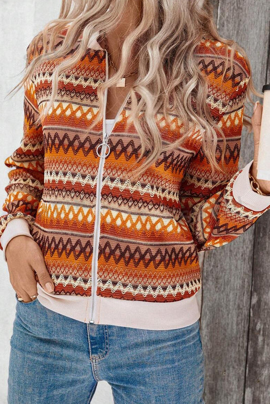 Orange Boho Striped Zip Up Long Sleeve Jacket-Bella Boutique Collective