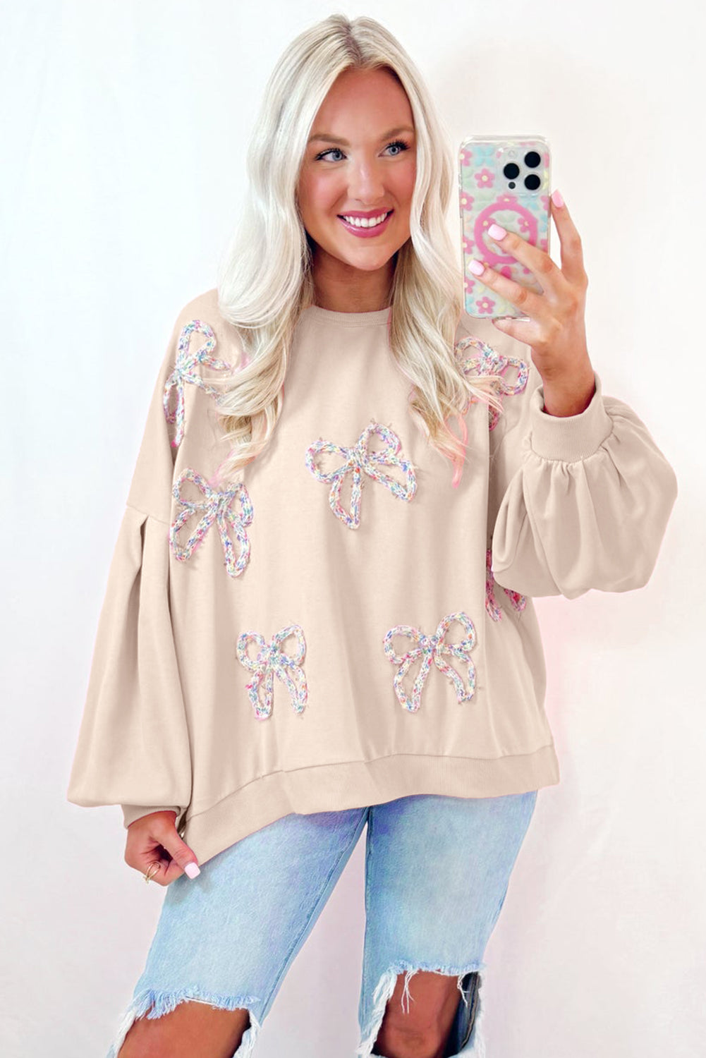 Parchment Embroidered Bow Lantern Sleeve Oversized Pullover Sweatshirt-Bella Boutique Collective