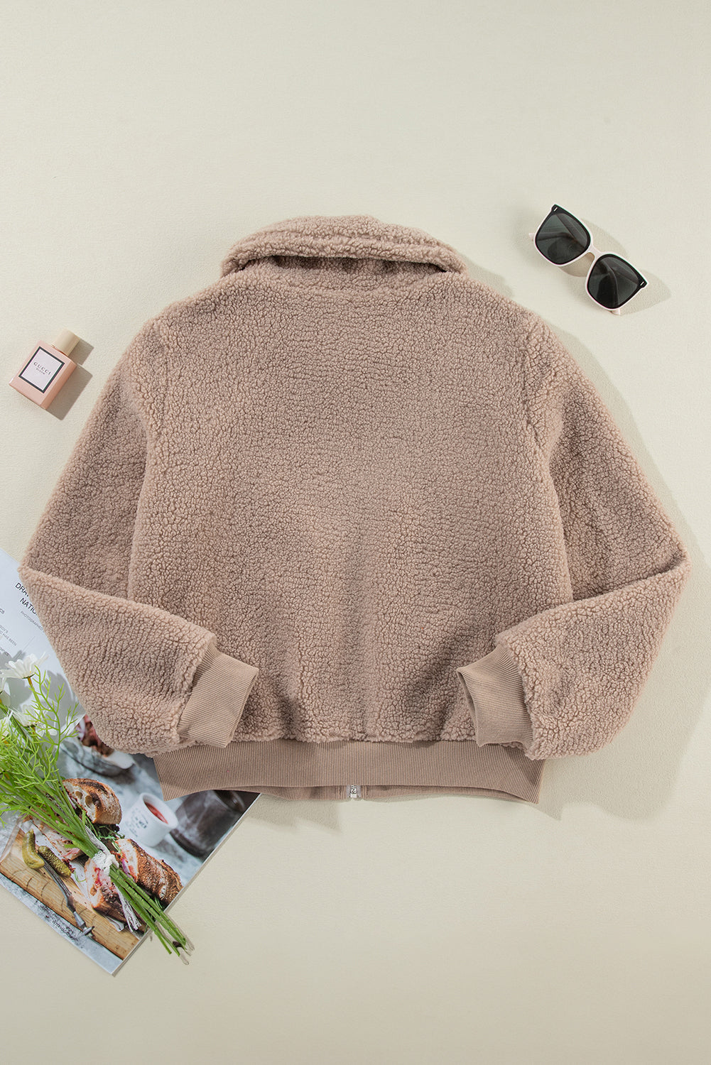 Light French Beige Zipper Pocketed Winter Fuzzy Jacket-Bella Boutique Collective