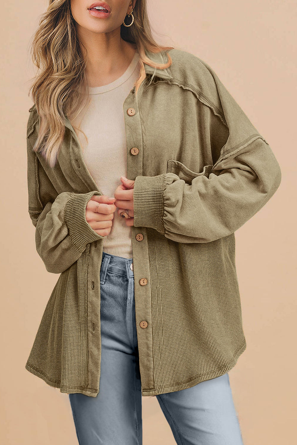 Moss Green Waffle Knit Patchwork Buttoned Oversized Shacket-Bella Boutique Collective