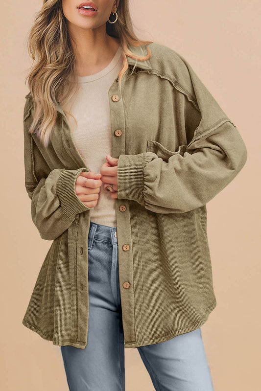Moss Green Waffle Knit Patchwork Buttoned Oversized Shacket-Bella Boutique Collective
