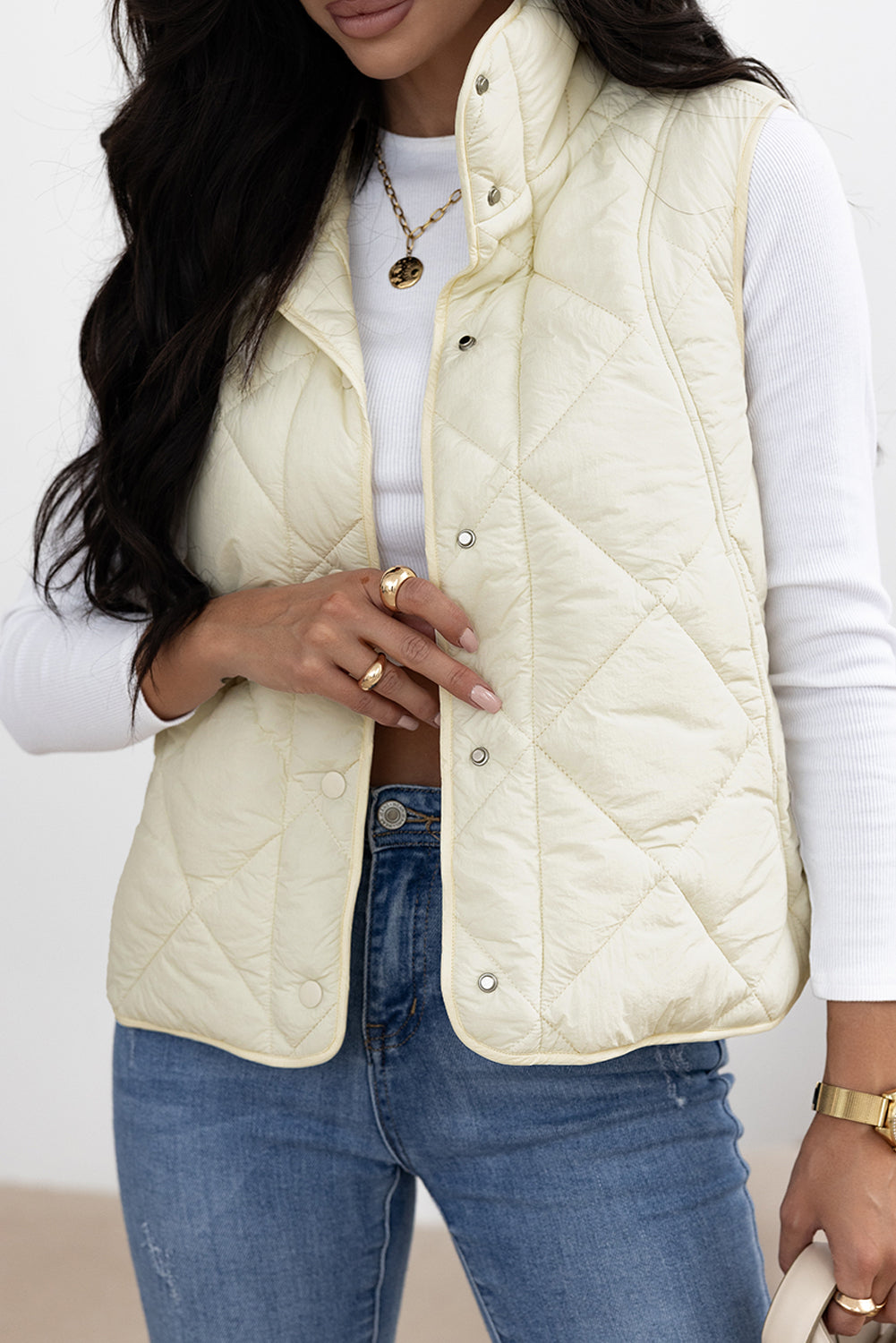 Beige Quilted High Neck Button Up Pocket Vest Coat-Bella Boutique Collective
