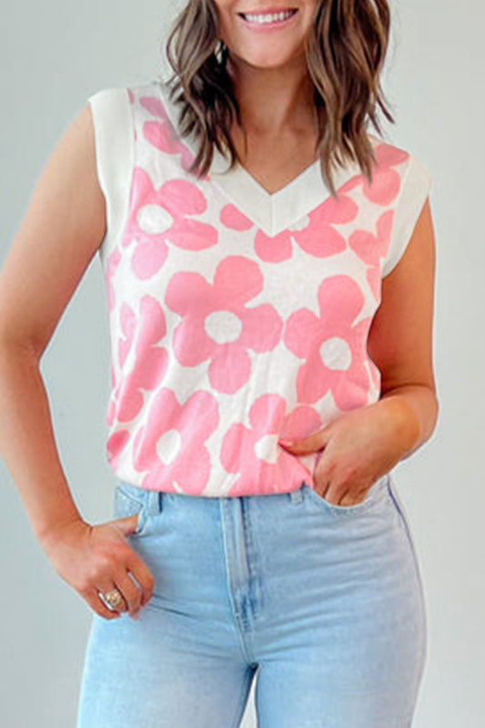Pink Cute Flower Knitted V Neck Tank Top-Bella Boutique Collective