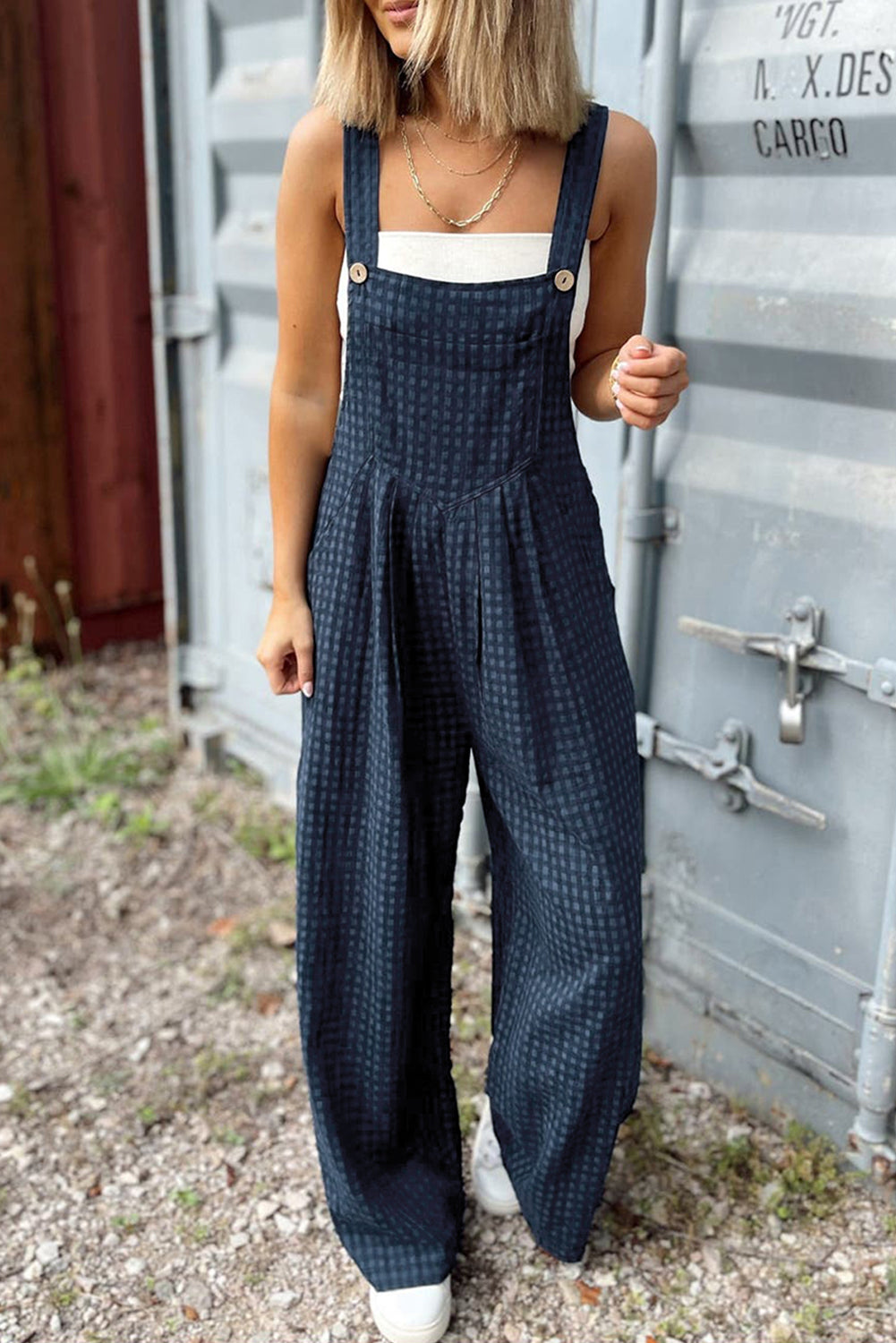 Sail Blue Plaid Print Buttoned Pocketed High Waist Overall-Bella Boutique Collective