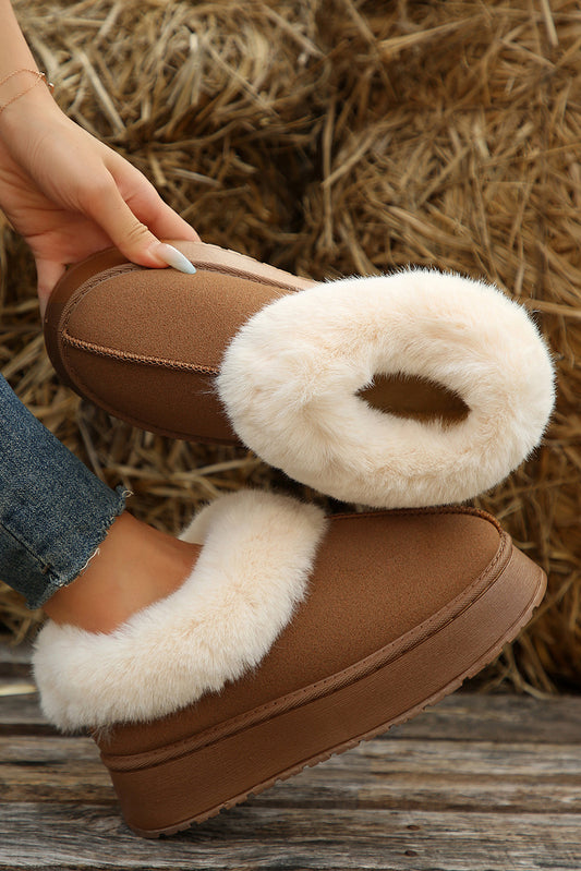 Chestnut Plush Suede Trim Thick Sole Flat Snow Boots-Bella Boutique Collective