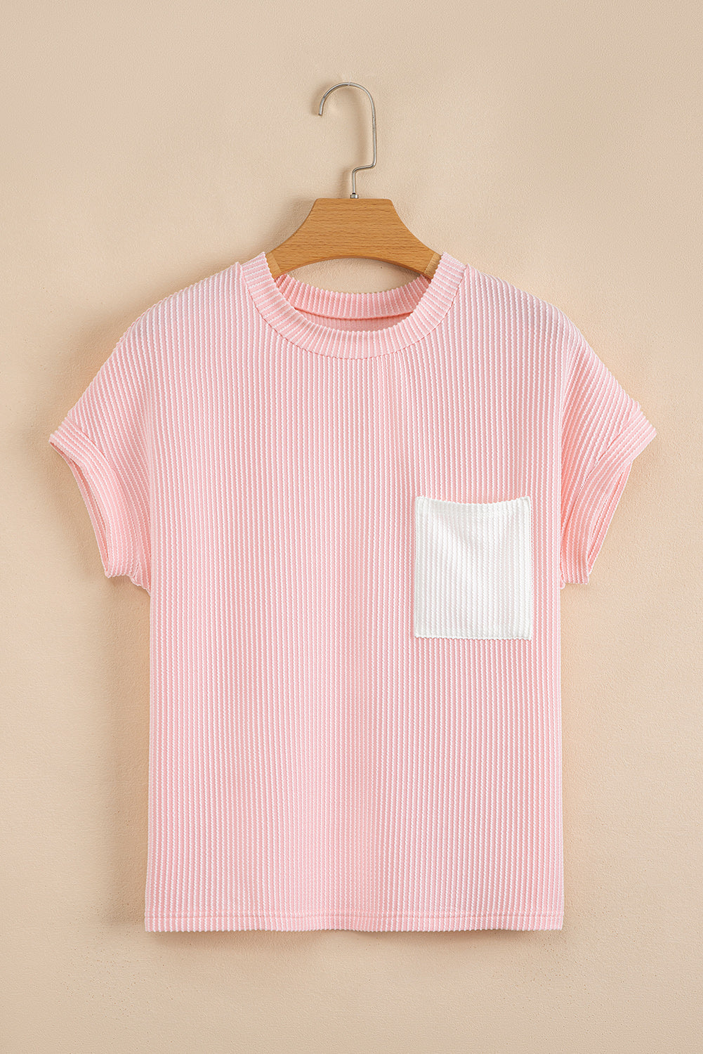 Pink Corded Knit Color Block Pocketed Crew Neck T Shirt-Bella Boutique Collective