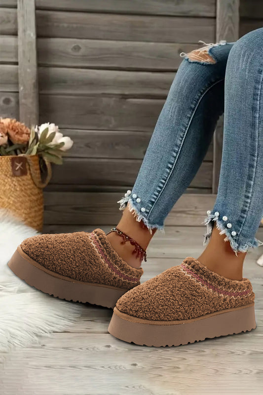 Chestnut Embroidered Sherpa Plush Thick Sole Snow Boots-Bella Boutique Collective