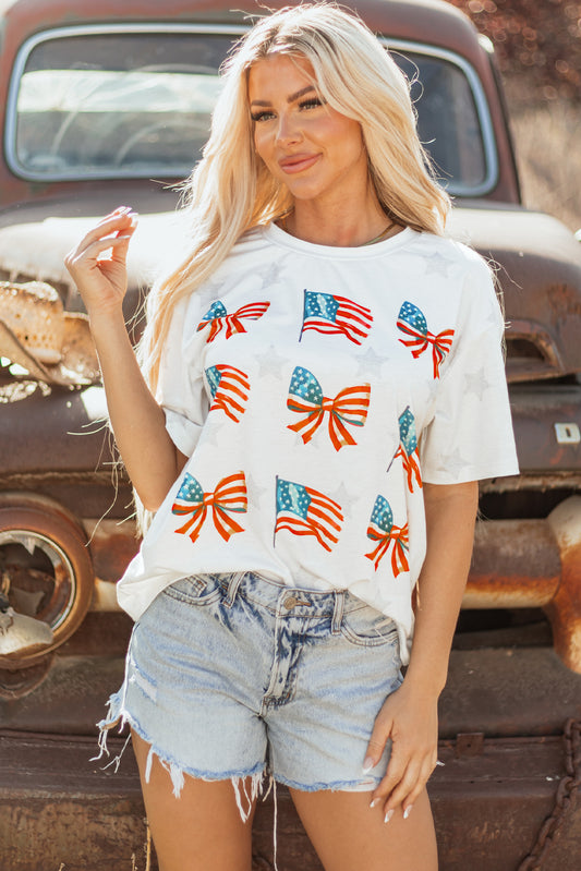 Khaki Patriotic Flag Bow Graphic Starry Round Neck T Shirt-Bella Boutique Collective